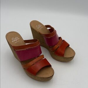 Sotto Sopra  Women's Pink and Orange leather Wedge Sandals 8 slip on casual Y2K